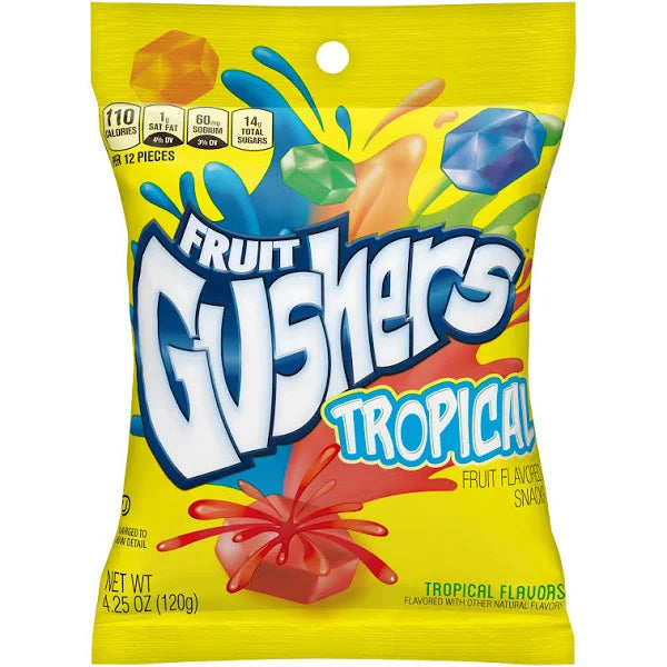 Front of Fruit Gushers Tropical bag showing bright yellow packaging, blue logo, tropical flavour designation, and 120g weight.