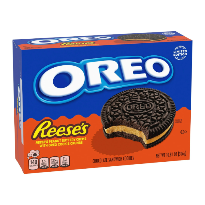 Front of Oreo Reese's Peanut Butter Cookies package displaying the Oreo logo, Reese's branding, and chocolate sandwich cookies (306g pack)