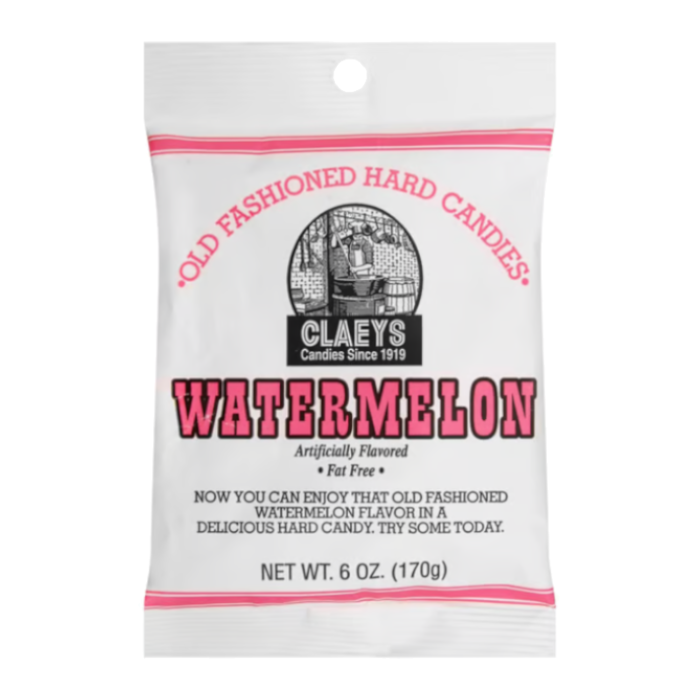Front of Claeys Old Fashioned Candy Watermelon bag showing logo, watermelon flavour label, and pack size (170g)