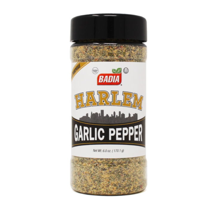 Front of Badia Harlem Garlic Pepper Seasoning container showing brand logo, garlic pepper flavour label, and pack size (170g)