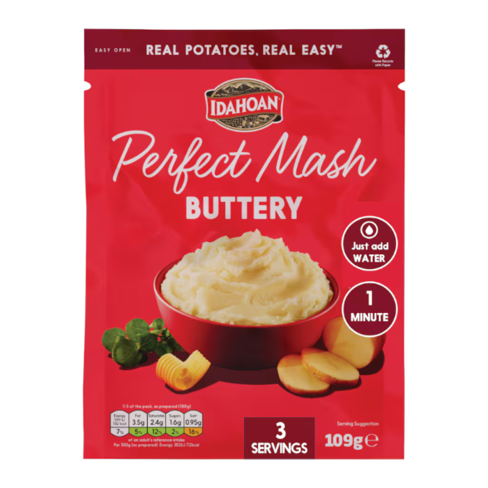 Front of Idahoan Perfect Mash Buttery pack with logo, creamy mashed potatoes in a bowl, and package details (109g)