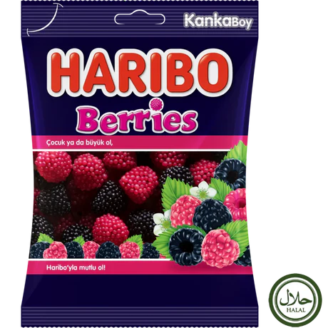 Front of Haribo Halal Berries pack displaying the logo, an assortment of berry shapes, and the Halal symbol (80g pack)
