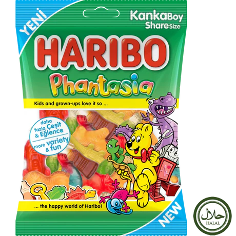 Front of Haribo Halal Phantasia bag showing colourful gummy candies, brand logo, and 80g pack size