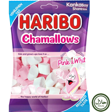 Front of Haribo Halal Chamallows bag showing pink and white marshmallows, the Haribo logo, and 62g pack size