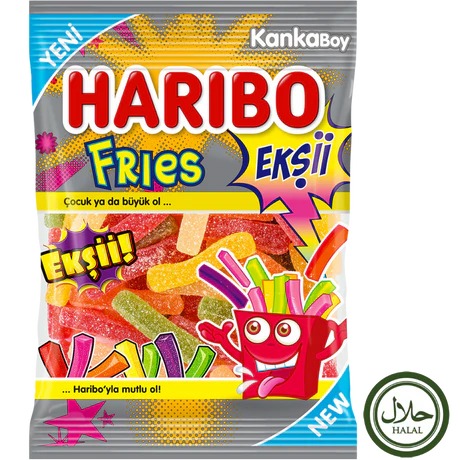Front of Haribo Halal Fizzy Fries (70g) bag showing bright colours, playful fry-shaped gummy candies, and Halal certification logo.