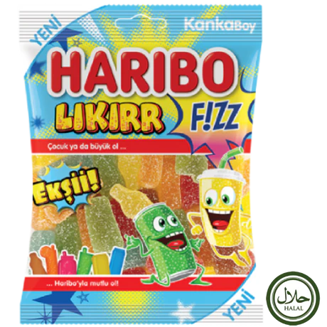 Front of Haribo Halal Fizzy Likirr bag showing vibrant candies with logo and colourful packaging (80g pack)