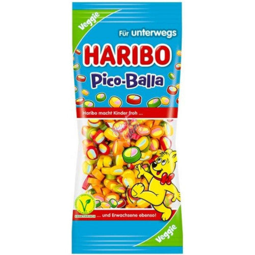 Front of a Haribo Pico Balla bag showing the colourful fruity candy and logo with a playful design (65g pack)