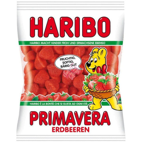 Front of Haribo Primavera Erdbeeren bag displaying red and green colours, featuring strawberry-shaped mallows, and packed in a 100g bag.