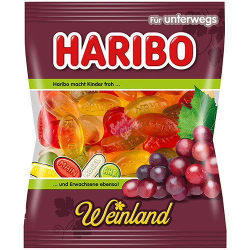 Front of Haribo Weinland bag featuring the Haribo logo, vibrant gummy sweets, and a mix of fruity flavours (100g pack)