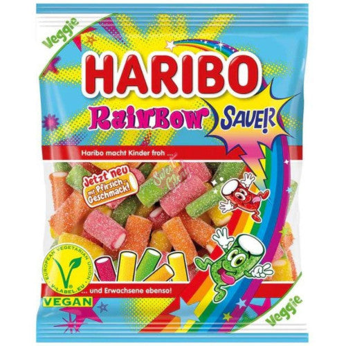 Front of Haribo Rainbow Fizz bag showing bright logo and colourful fruity sweets in a 160g pack.