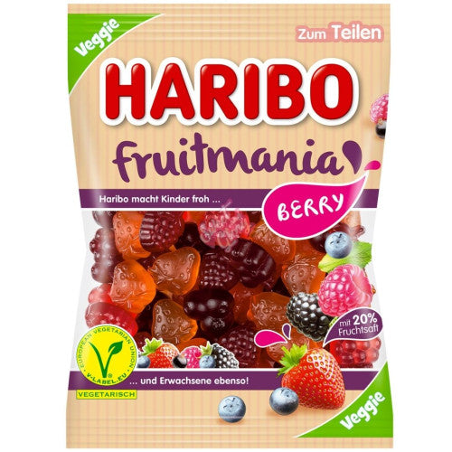 Front of Haribo Fruitmania Berry bag featuring bright colours, berry illustration, and Haribo logo (160g pack)