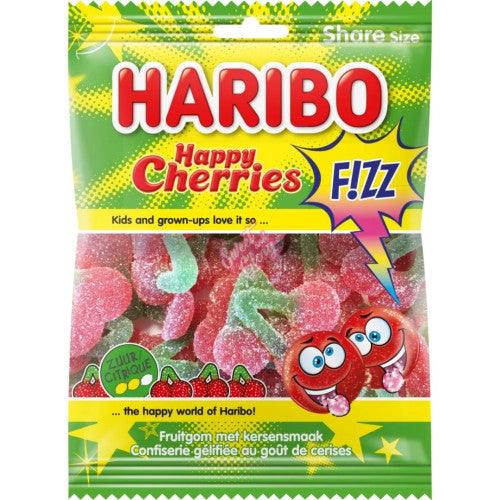 Front of a Haribo Happy Cherries Fizz bag featuring bright green and yellow colours, cherry-shaped gummies, and vibrant branding (70g)