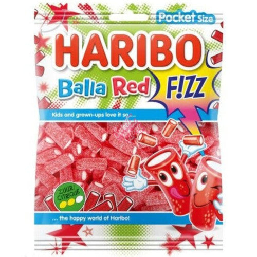 Front of Haribo Balla Red Fizz bag showing the red gummy sweets with the Haribo logo and 70g pack size.