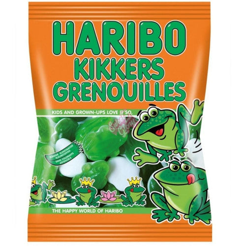 Front of Haribo Frogs bag showing the brand logo, fruit-flavoured gummy frogs, and bright packaging design (75g pack)