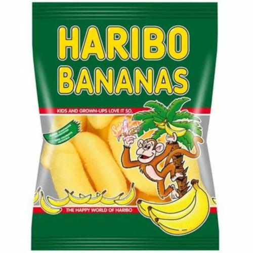 Front of Haribo Bananas bag featuring bright yellow and green design, banana-shaped sweets, and 70g pack size.