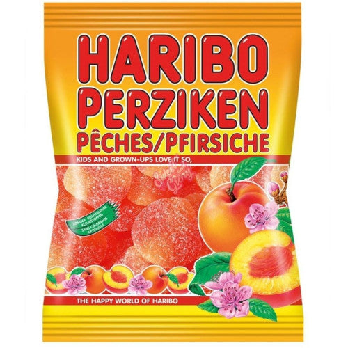 Front of Haribo Happy Peaches bag showing bright orange design, peach-shaped gummy sweets, and 75g pack size