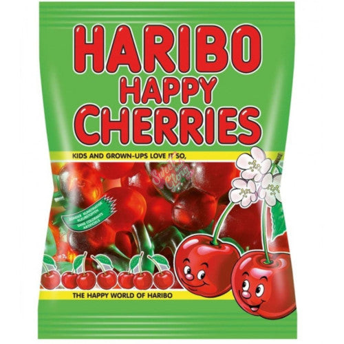 Front of Haribo Happy Cherries bag showing red and green packaging with the product name and cheerful cherry illustrations (75g pack)