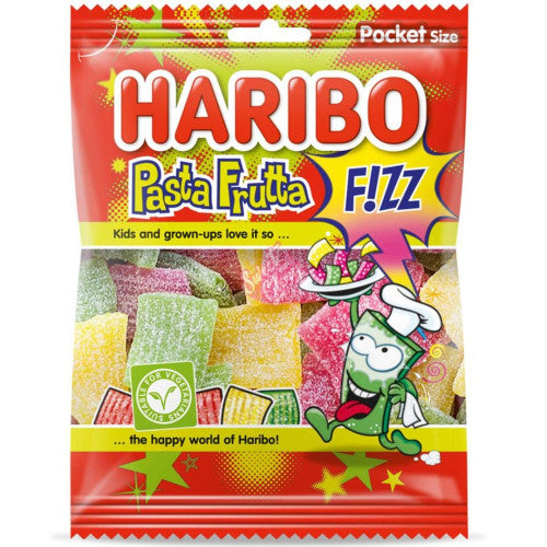 Front of Haribo Pasta Frutta bag showing the logo, colourful gummy candies in pasta shapes, and 70g pack size.