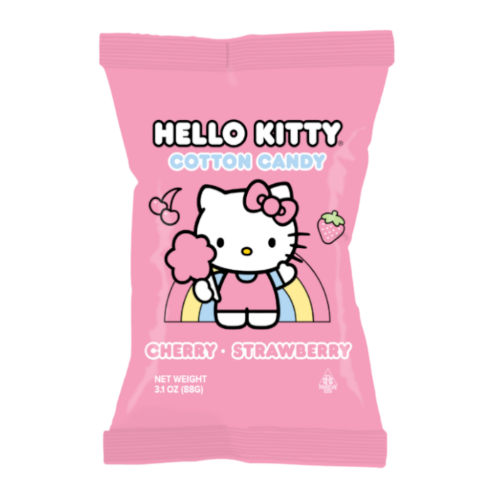 Front of a pink bag of Hello Kitty Cherry & Strawberry Cotton Candy showing logo, illustrations of cherries and strawberries, and pack size (88g)