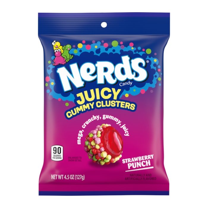 Front of a bag of Nerds Juicy Gummy Clusters showing the logo, colourful candy design, and strawberry punch illustration (128g pack)