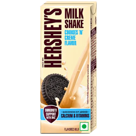 Front of Hersheys Milkshake Cookies And Cream packaging showing logo, cookies and cream flavour, and 180ml size