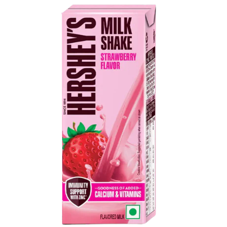 Front of Hersheys Milkshake Strawberry carton showing the logo, strawberry flavour, and vibrant pink packaging (180ml pack)