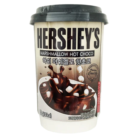 Front of Hershey's Marshmallow Hot Chocolate Cup showing the logo, marshmallow hot chocolate, and 30g pack size.