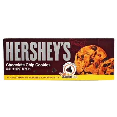 Front of Hershey's Chocolate Chip Cookies pack showing the logo, chocolate chip cookies, and 72g size label.