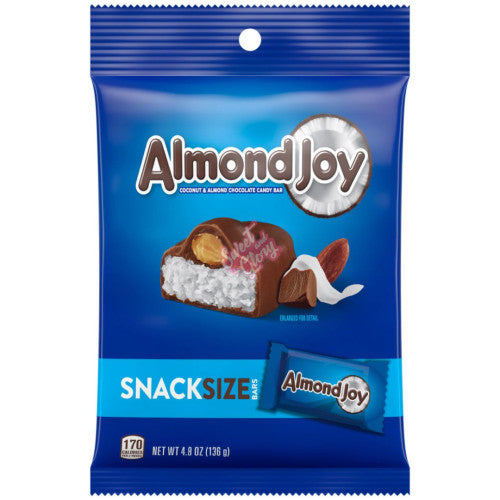 Front of Almond Joy Snack Size pack showing the logo, chocolate candy bar with coconut and almond details, and 136g pack size