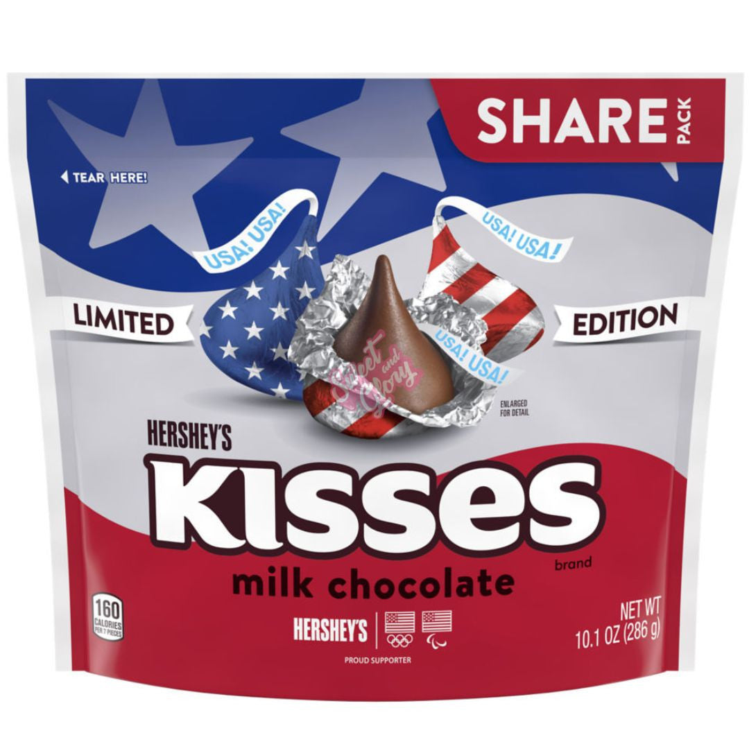 Front of Hershey's Milk Chocolate Kisses Patriotic bag displaying logo, festive design, and iconic chocolate kisses (286g pack)