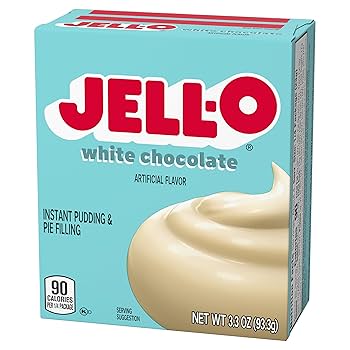 Front of Jell-O White Chocolate Instant Pudding Mix box showing logo, creamy pudding image, and 93g pack size