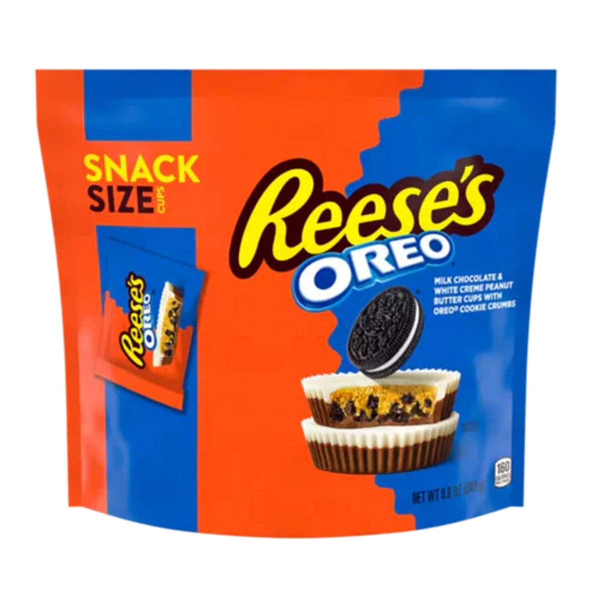 Front of a packet of Reese's Oreo Snack Size Cups showing the logo, milk chocolate and white crème peanut butter cups with Oreo cookie crumbs (249g)