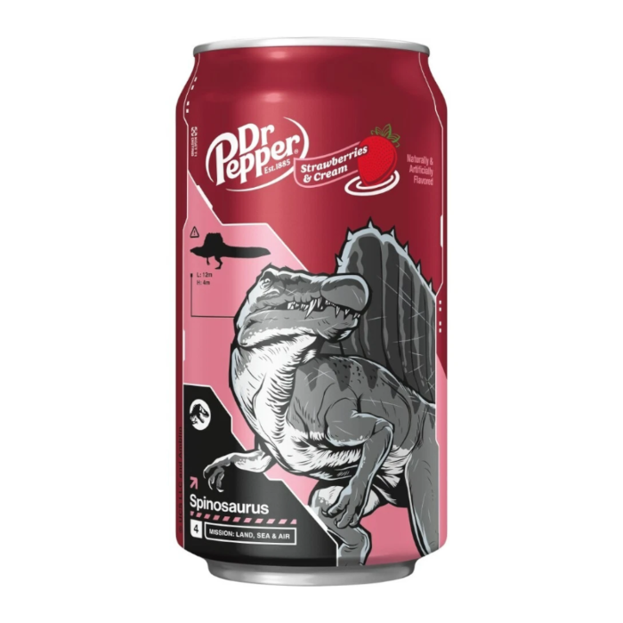 Front of Dr Pepper Strawberries & Cream can featuring vibrant pink design, logo, and Spinosaurus illustration (355ml)