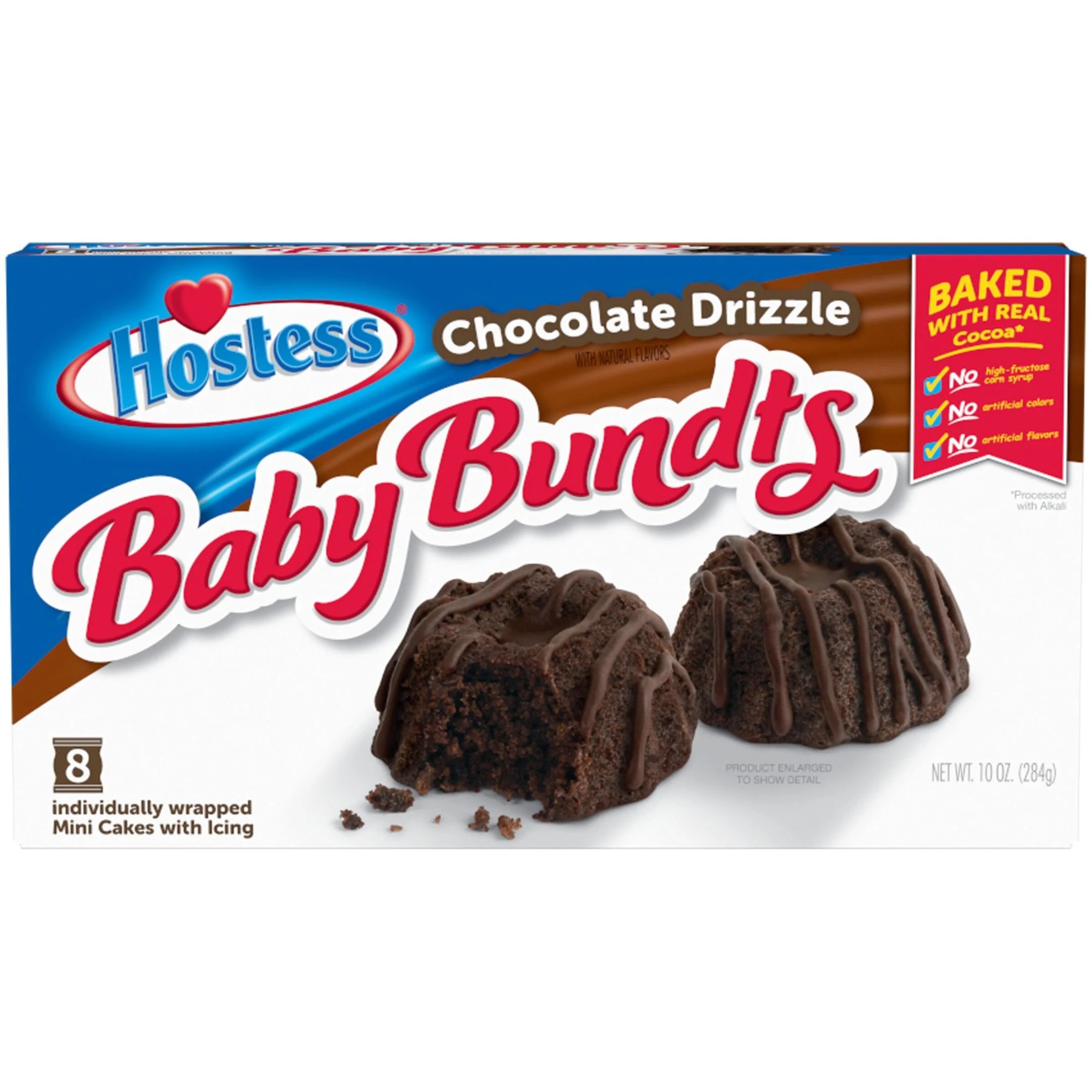 Front of Hostess Baby Bundts box showing logo, chocolate-draped mini cakes, and packaging details (8 pack, 284g)