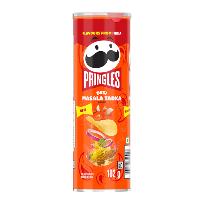 Front of Pringles Desi Masala Tadka can featuring the logo, vibrant orange colour, and imagery of potato crisps and spices (102g pack)