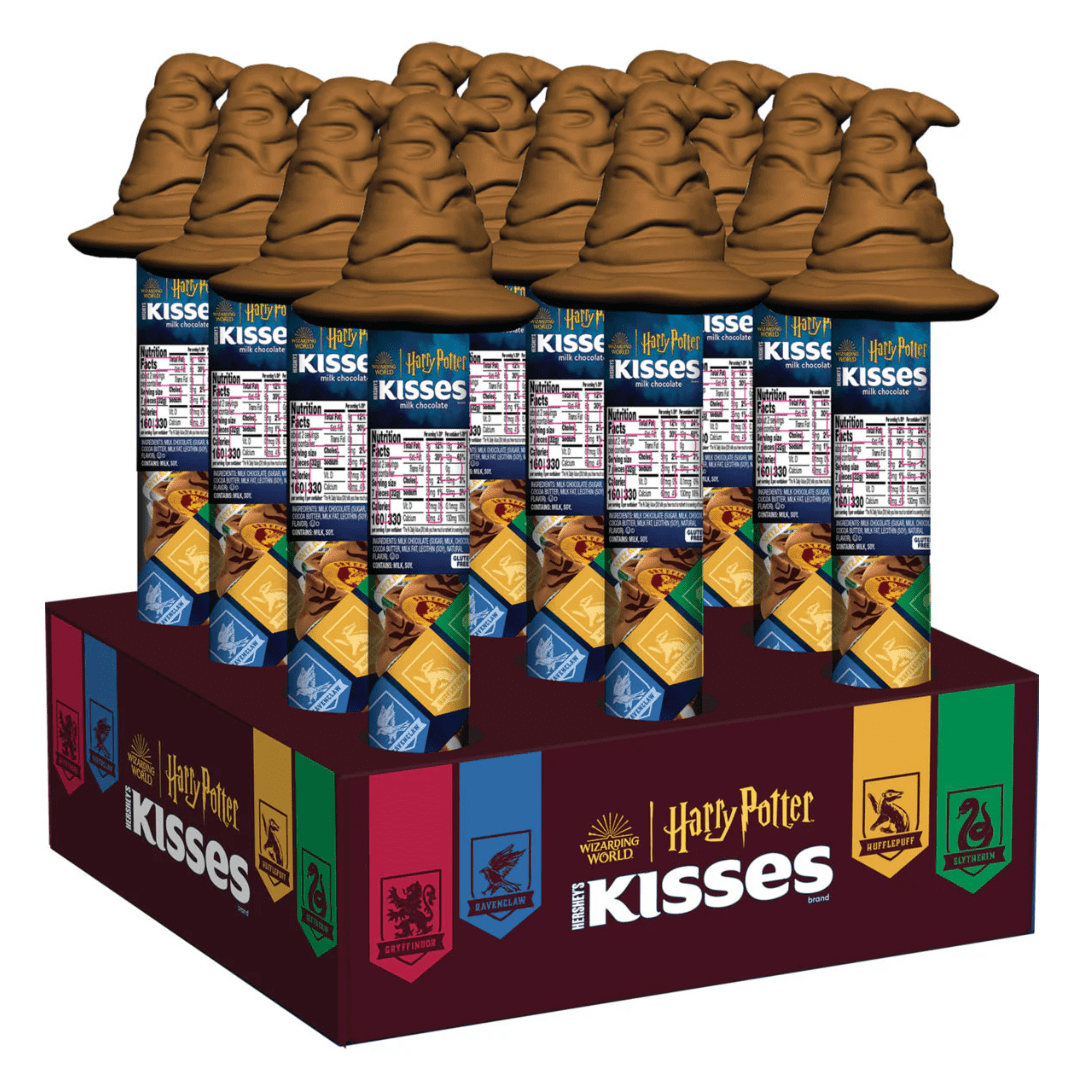 Front of Hershey's Kisses Harry Potter Candy Cane (58g) pack showing red and white candy cane design, peppermint flavour details, and festive packaging.