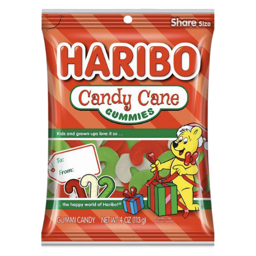 Front of Haribo Candy Cane bag showing logo, gummi candy shapes in red and green, and pack size of 113g