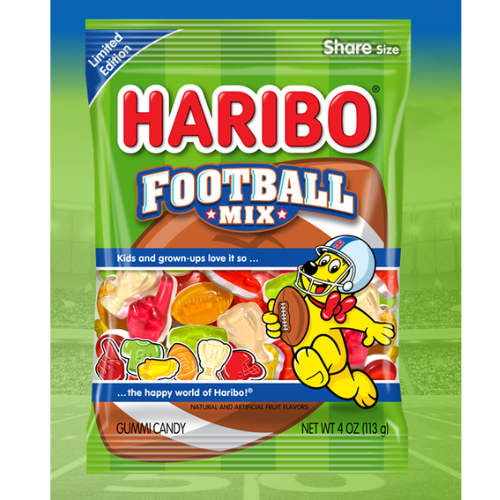 Front of Haribo Football Mix bag featuring vibrant logo, fun football-shaped gummy candies, and 113g pack size.