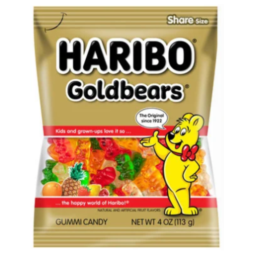 Front of Haribo Gold Bears USA bag displaying the logo, colourful gummy bears, and pack size (142g)