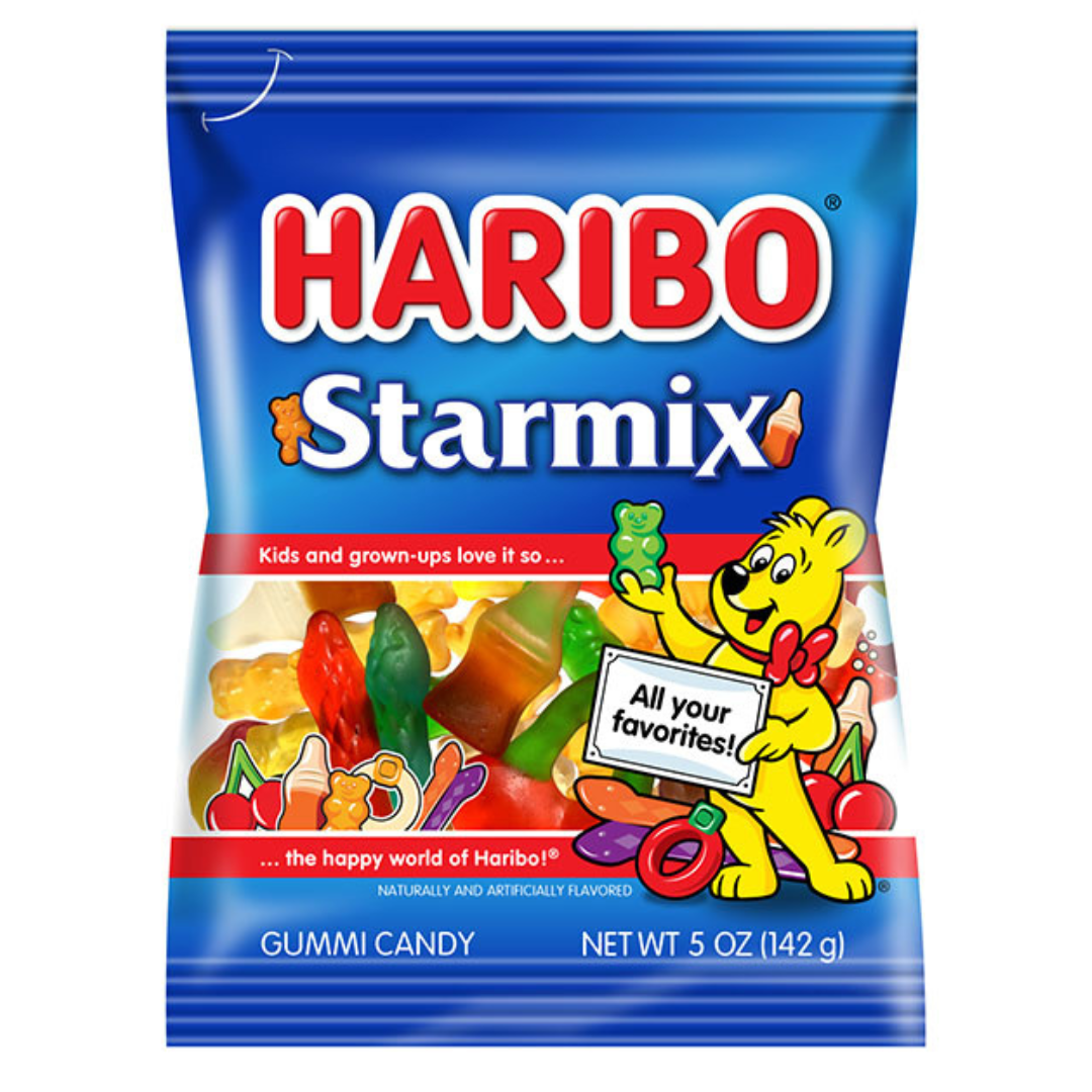 Front of Haribo Starmix USA bag showing colourful gummy candy shapes and the Haribo logo (142g pack)