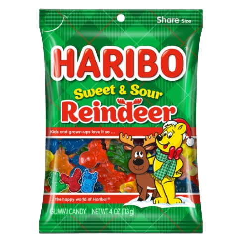 Front of Haribo Sweet and Sour Reindeer bag showing green packaging with red text and images of colourful gummy candy pieces in reindeer shapes (113g pack)