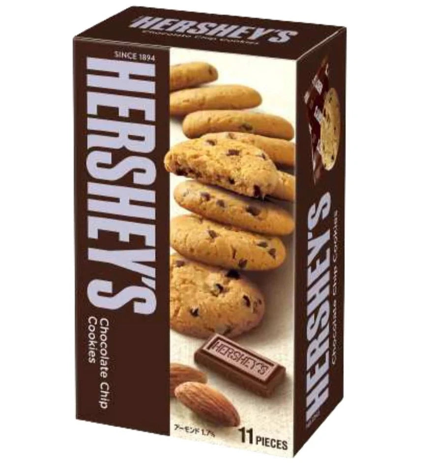 Front of Hershey's Chocolate Chip Cookies box featuring logo, image of cookies, and pack size of 97g