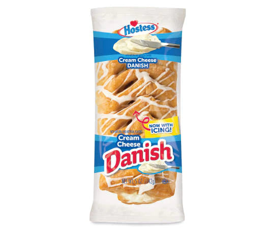 Front of Hostess Iced Cream Cheese Danish package showing the brand logo, cream cheese Danish with icing, and pack size of 142g
