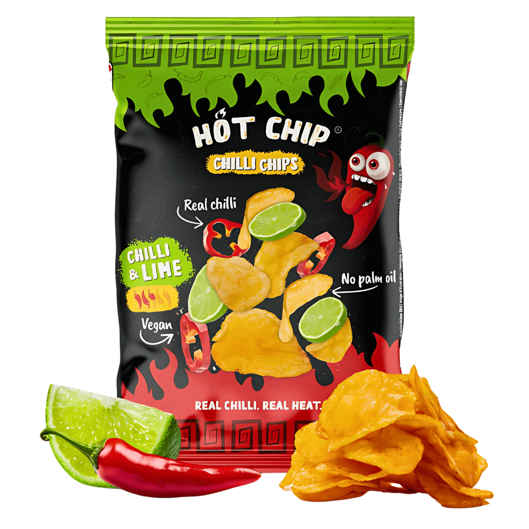 Front of Hot Chip Chilli And Lime Flavour Chips bag showcasing vibrant design, chilli and lime images, and product name (80g pack)