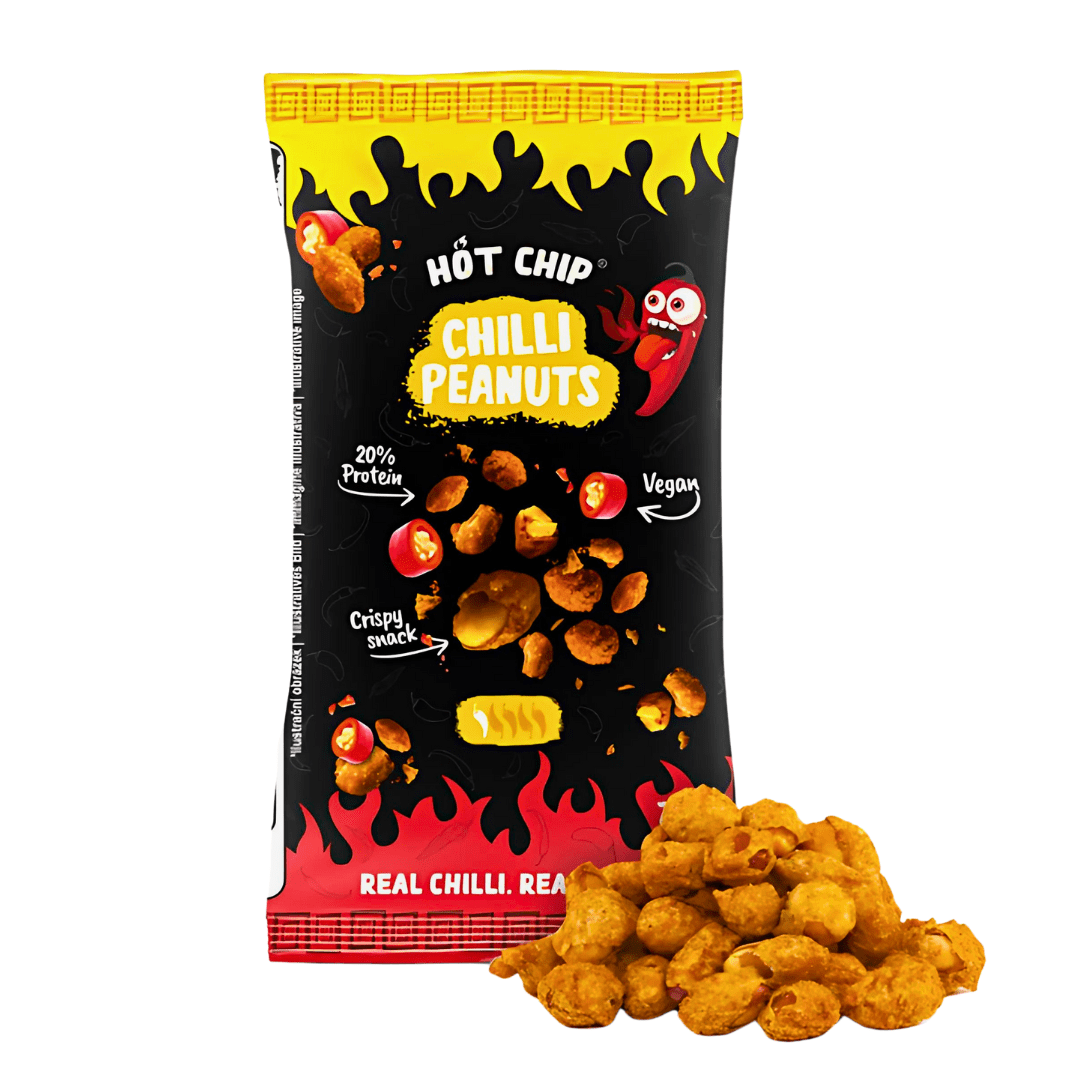 Front of Hot Chip Peanut Chilli bag featuring bright graphics, bold text, and a display of crispy peanuts with chilli peppers (70g pack)