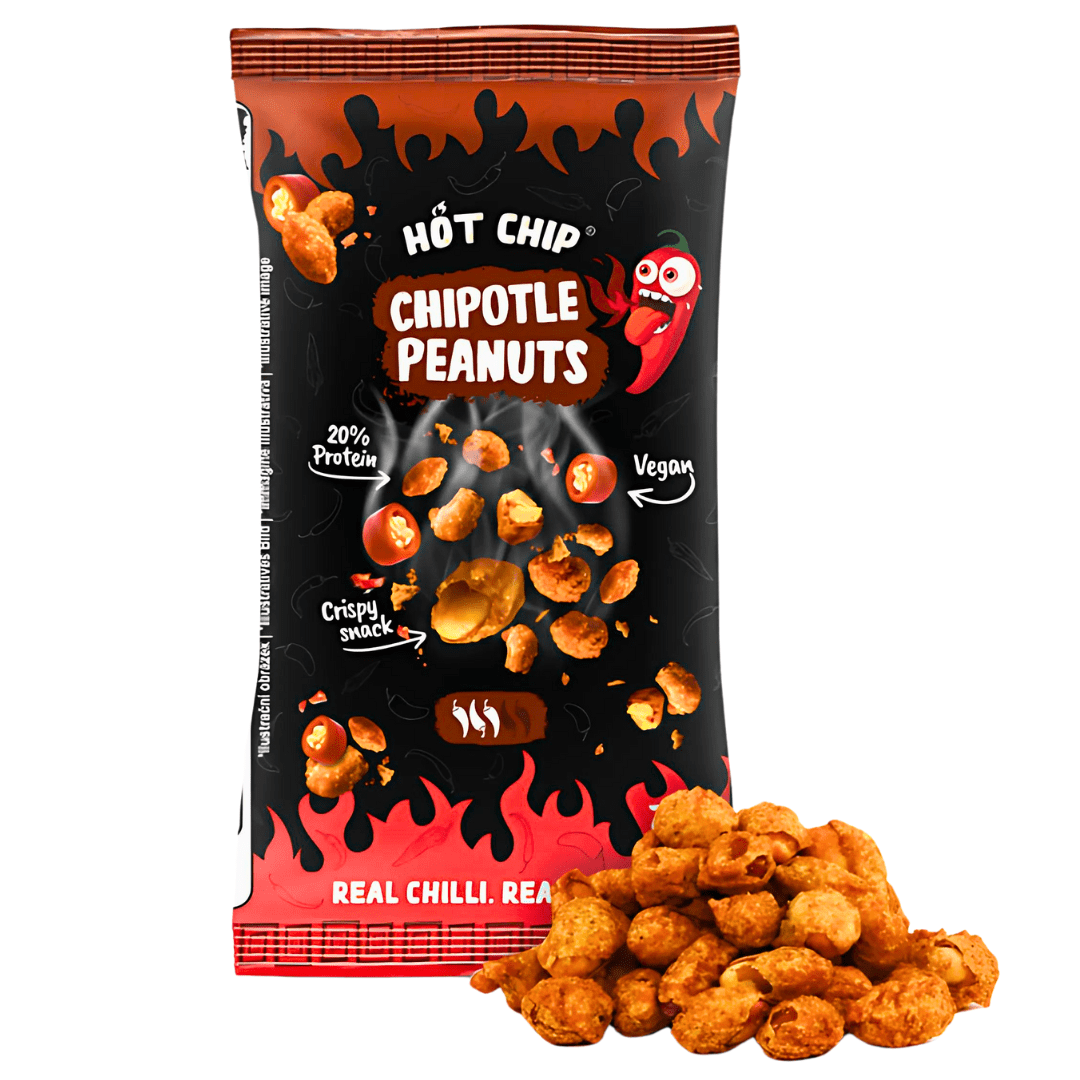 Front of Hot Chip Peanut Chipotle bag showing vibrant logo, chipotle flavour label, and crunchy peanuts (70g pack)