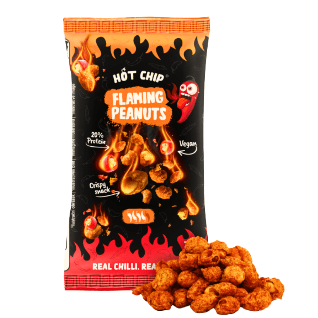 Front of Hot Chip Peanut Flamin Hot bag showing bold logo, spicy peanut snack imagery, and pack size (70g)