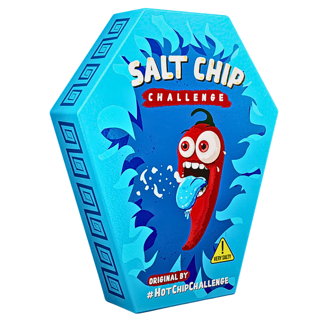 Front of Hot Chip Salt Chip Challenge packaging showing bold blue design, cartoon pepper character, and text indicating very salty (8g)