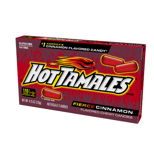 Front of Hot Tamales Fierce Cinnamon Theatre Box showing bold red packaging with the logo, cinnamon flavour label, and the 120g pack size.