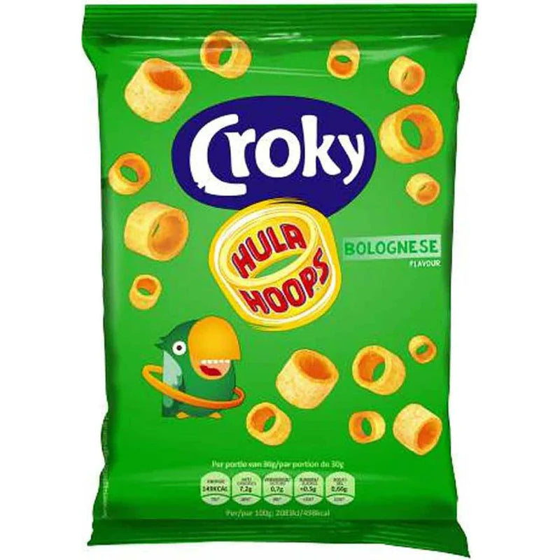 Front of Croky Hula Hoops Bolognese bag showing logo, Bolognese flavour label, and colourful hoop snacks (75g pack)